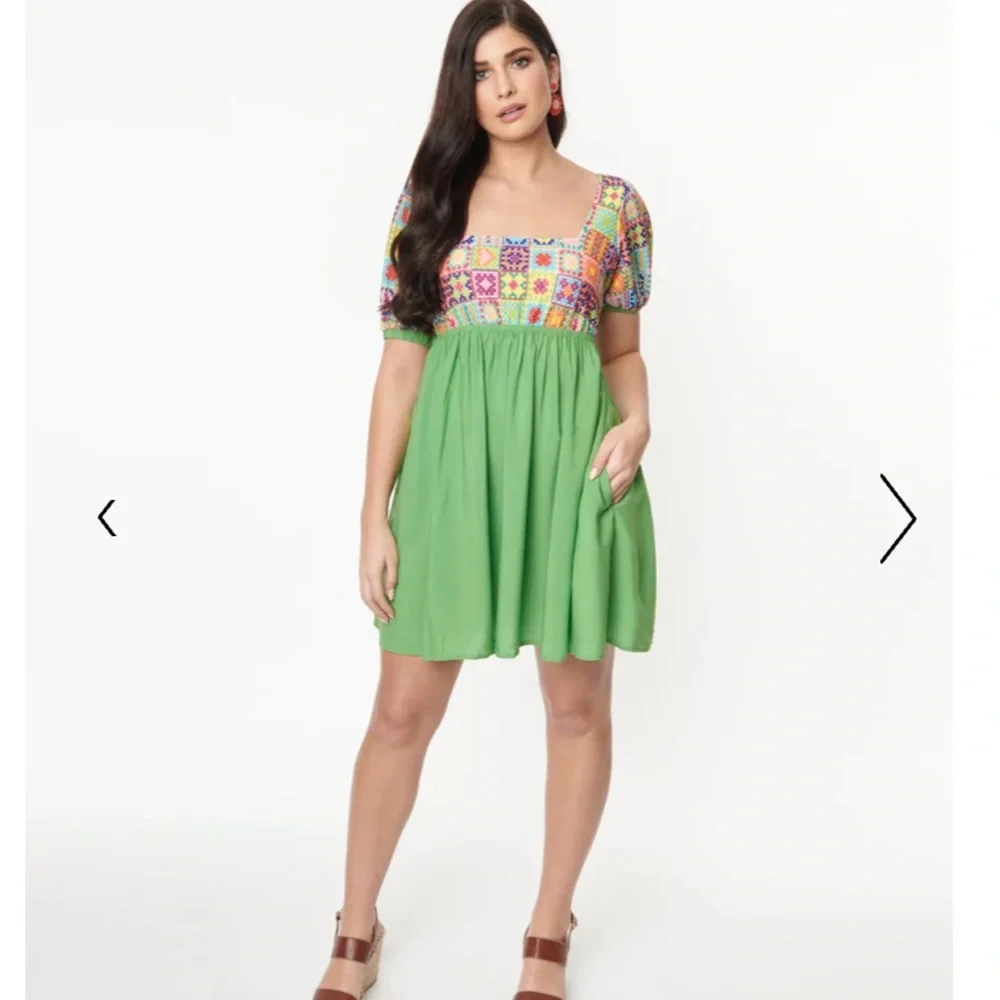 Smak Parlour for Unique Vintage NWT Lime‎ Green & Quilt Pattern Babydoll Dress